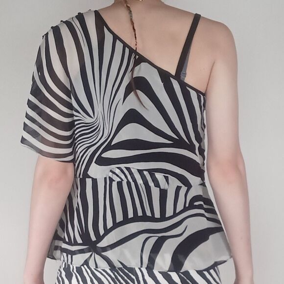 Y2k Vintage Repaired Zebra Print One Shoulder Top - Picture 3 of 13